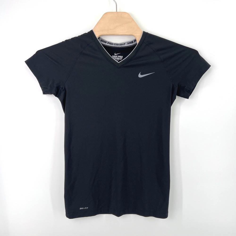 Nike Pro Combat Dri-FIT Shirt Size M Black Performance V-Neck Athletic Gym Top